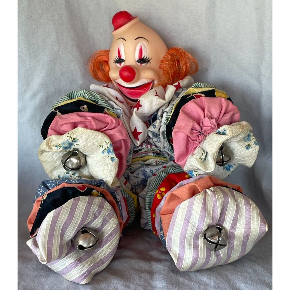 Vintage Handmade Yo-Yo Clown Doll Fabric Jingle Bell Folk Art 10" 1970's - 80's